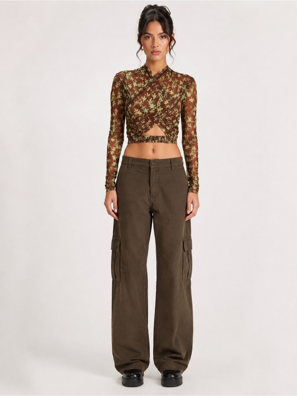 KNWLS Anti Cross Over Stars Mesh Crop Top Large L Made In Italy Brown Green